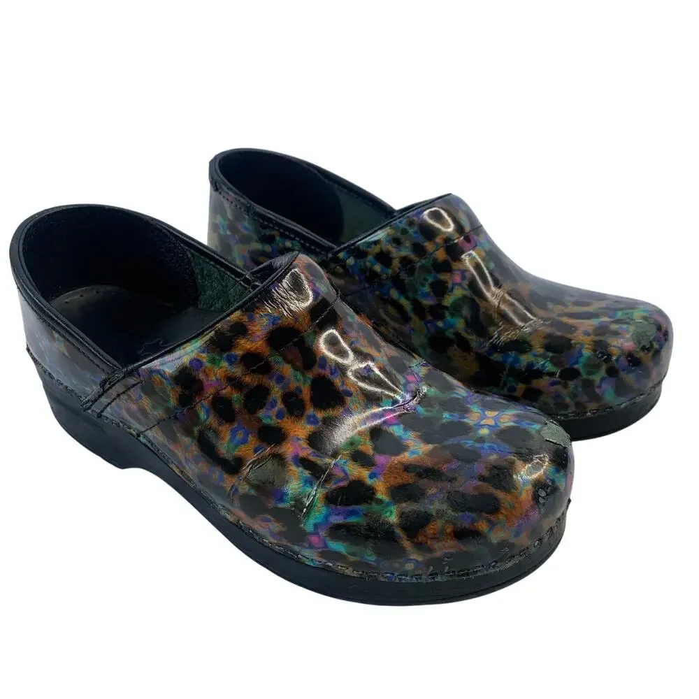 Dansko Rainbow Cheetah Leopard Gloss Womens Sz 38 Slip On Clogs Shoes Nursing
